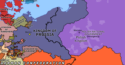 Political map of Northwest Europe on 08 Feb 1863 (German Unification: Alvensleben Convention), showing the following events: Anglo-French arrival in Veracruz; United Romanian Principalities; Bismarck Cabinet; January Uprising; Alvensleben Convention.