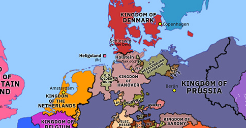 Political map of Northwest Europe on 24 Dec 1863 (German Unification: Schleswig-Holstein Question), showing the following events: Unification of Anhalt; November Constitution; Bundesexekution against Holstein.