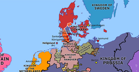 Political map of Northwest Europe on 18 Apr 1864 (German Unification: Battle of Dybbøl), showing the following events: Second Schleswig War; Battle for Königshügel; Battle of Sankelmark; Battle of Jasmund; Battle of Dybbøl.