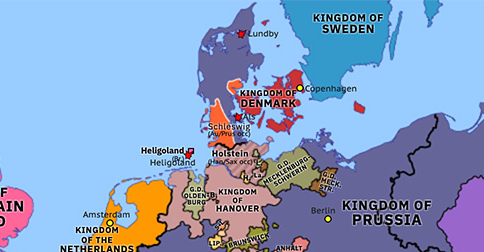 Political map of Northwest Europe on 14 Jul 1864 (German Unification: Austro-Prussian conquest of Jutland), showing the following events: Battle of Heligoland; London Conference; Battle of Als; Battle of Lundby.