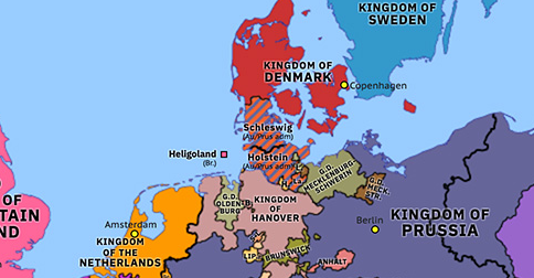 Political map of Northwest Europe on 14 Aug 1865 (German Unification: Gastein Convention), showing the following events: September Convention; Treaty of Vienna; Gastein Convention.