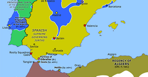 Political map of Western Mediterranean on 16 Jul 1808 (Peninsular War: Battle of Bailén), showing the following events: Capture of the Rosily Squadron; Portuguese Uprising; First Siege of Zaragoza; First Battle of Valencia; Battle of Medina de Rioseco; Battle of Bailén.