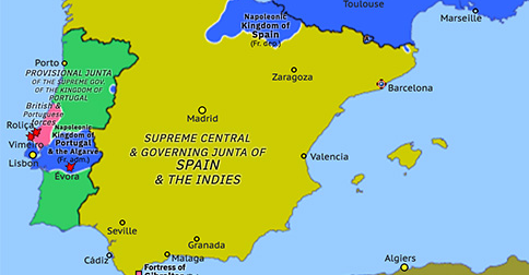 Political map of Western Mediterranean on 21 Aug 1808 (Peninsular War: Battle of Vimeiro), showing the following events: Battle of Évora; Landing at Mondego Bay; Blockade of Barcelona; Evacuation of La Romana’s division; Battle of Roliça; Battle of Vimeiro.