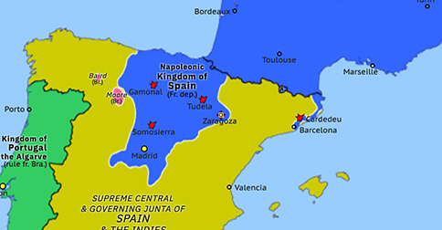 Political map of Western Mediterranean on 20 Dec 1808 (Peninsular War: Second Siege of Zaragoza), showing the following events: Napoleon’s invasion of Spain; Battle of Gamonal; Battle of Tudela; Battle of Somosierra; Battle of Cardedeu; Second Siege of Zaragoza.