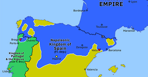 Political map of Western Mediterranean on 21 Mar 1809 (Peninsular War: Siege of Chaves), showing the following events: Second French invasion of Portugal; Austrian mobilization; Battle of Valls; Battle of Braga; Siege of Chaves.