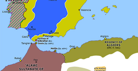 Political map of Western Mediterranean on 05 Feb 1810 (Peninsular War: Siege of Cádiz), showing the following events: Battle of Alba de Tormes; French invasion of Andalusia; Siege of Cádiz.