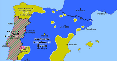 Political map of Western Mediterranean on 03 May 1811 (Peninsular War: Battle of Fuentes de Oñoro), showing the following events: Annexation of Rhodanic Republic; Battle of Barrosa; Battle of Lissa (1811); Battle of Fuentes de Oñoro.