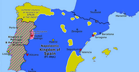 Political map of Western Mediterranean on 07 Jan 1812 (Peninsular War: Siege of Ciudad Rodrigo), showing the following events: Siege of Tarragona; Battle of Albuera; Battle of Saguntum; Siege of Valencia; Siege of Ciudad Rodrigo.