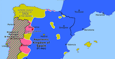 Political map of Western Mediterranean on 22 Jul 1812 (Peninsular War: Battle of Salamanca), showing the following events: French departments of Spain; Siege of Badajoz; Santander campaign; French invasion of Russia; First Battle of Castalla; Battle of Salamanca.