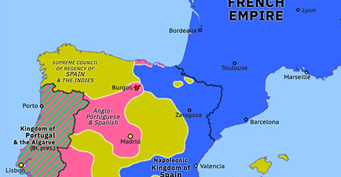 Political map of Western Mediterranean on 19 Sep 1812 (Peninsular War: Siege of Burgos), showing the following events: Anglo-Allies in Madrid; Battle of Borodino; Fall of Moscow; Siege of Burgos.