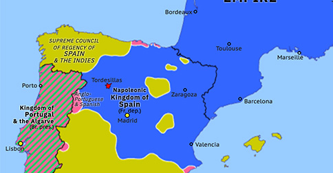 Political map of Western Mediterranean on 03 Mar 1813 (Peninsular War: Sixth Coalition), showing the following events: French abandon Moscow; Battle of Tordesillas; Last across the Niemen; Treaty of Kalisz; Treaty of Stockholm.
