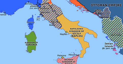 Political map of Western Mediterranean on 11 Jan 1814 (Peninsular War: Betrayal of Murat), showing the following events: Murat’s infiltration; Army of Bohemia; Blücher’s Rhine Crossing; Betrayal of Murat.