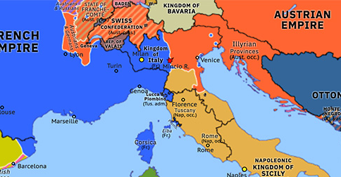 Political map of Western Mediterranean on 08 Feb 1814 (Peninsular War: Battle of the Mincio River), showing the following events: Congress of Châtillon; Battle of the Mincio River; Six Days’ Campaign.