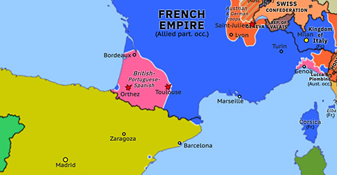 Political map of Western Mediterranean on 10 Apr 1814 (Peninsular War: Battle of Toulouse), showing the following events: Battle of Orthez; Battle of Saint-Julien; Bentinck’s Italian campaign; Restoration of the Papal States; Battle of Paris; Battle of Toulouse.