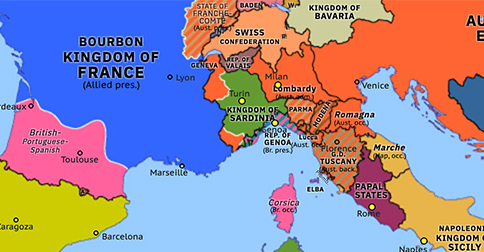 Political map of Western Mediterranean on 30 May 1814 (War of the Seventh Coalition: First Peace of Paris), showing the following events: Treaty of Fontainebleau; Restoration of Piedmont; Restored Republic of Genoa; Bentinck’s Corsica; First Peace of Paris.