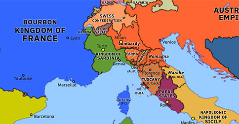 Political map of Western Mediterranean on 03 Jan 1815 (War of the Seventh Coalition: Congress of Vienna), showing the following events: Hadži-Prodan’s rebellion; Congress of Vienna; Duchy of Genoa.