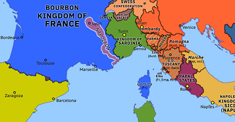 Political map of Western Mediterranean on 13 Mar 1815 (War of the Seventh Coalition: Napoleon’s Return), showing the following events: Escape from Elba; Napoleon’s Return; Declaration at the Congress of Vienna.
