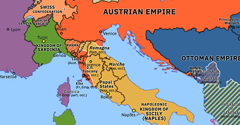 Political map of Western Mediterranean on 08 Apr 1815 (War of the Seventh Coalition: Neapolitan War), showing the following events: Neapolitan War; Hundred Days begins; Seventh Coalition; Lombardo-Venetian Kingdom.