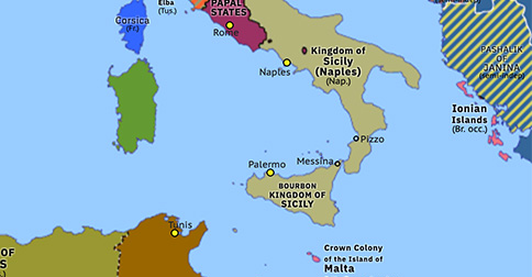 Political map of Western Mediterranean on 08 Oct 1815 (War of the Seventh Coalition: Return of Murat), showing the following events: Second Abdication of Napoleon; Surrender of Paris; Holy Alliance; Return of Murat.