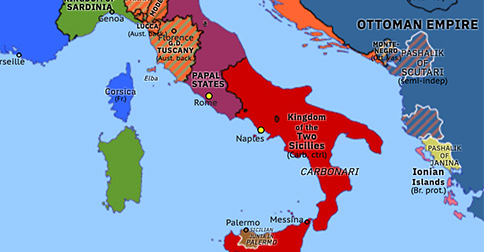 Political map of Western Mediterranean on 24 Aug 1820 (NO MAPS FOR THIS PERIOD YET: Revolutions of 1820), showing the following events: Carlsbad Decrees; Riego’s Revolution; Ali Pasha’s Rebellion; Carbonari Revolution; Liberal Revolution in Oporto.