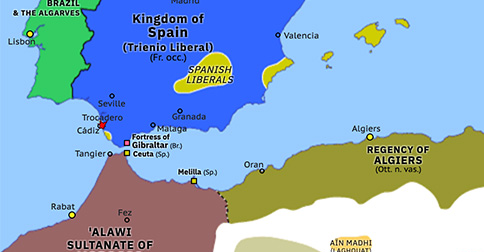 Political map of Western Mediterranean on 31 Aug 1823 (Congress Europe: Battle of Trocadero), showing the following events: Battle of Trocadero.