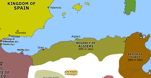 Political map of Western Mediterranean on 14 Jun 1830 (Congress Europe: French invasion of Algiers), showing the following events: Fly Whisk Incident; Battle of Navarino; Belfastada; Morea Expedition; French withdrawal from Spain; London Protocol; Algiers Expedition.