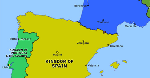 Political map of Western Mediterranean on 28 Jul 1832 (Congress Europe: Siege of Porto), showing the following events: Romagna interventions; Bosnian Uprising; June Rebellion; Pampelido Landing; Siege of Porto.