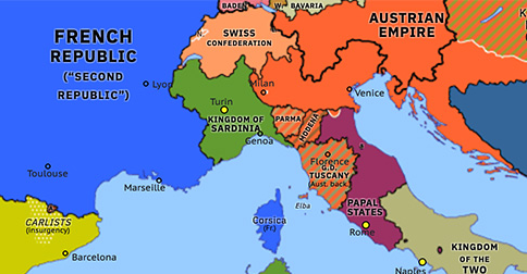 Political map of Western Mediterranean on 18 Mar 1848 (Springtime of Peoples: Five Days of Milan), showing the following events: Constitutions in the Italian states; French Revolution of 1848; March Revolution in Germany; Republic of Neuchâtel; Fall of Metternich; Hungarian Revolution of 1848; Five days of Milan.
