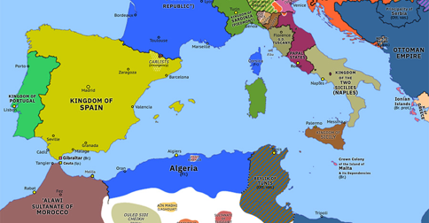 Political map of Western Mediterranean on 22 Apr 1848 (Springtime of Peoples: First Italian War of Independence expands), showing the following events: Vorparlament; First Italian War of Independence expands; Kingdom of Sicily; Hecker Uprising.