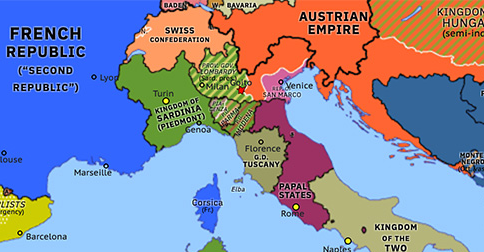 Political map of Western Mediterranean on 30 May 1848 (Springtime of Peoples: Battle of Goito), showing the following events: May insurrections in France; Plebiscites in Parma and Piacenza; Counterrevolution in Naples; Frankfurt Parliament; Plebiscite in Modena and Reggio; Plebiscite in Lombardy; Battle of Goito.