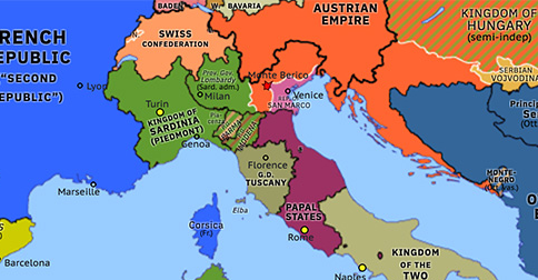 Political map of Western Mediterranean on 10 Jun 1848 (Springtime of Peoples: Battle of Monte Berico), showing the following events: Pan-Slavic Congress; Serb uprising of 1848–49; Battle of Monte Berico.