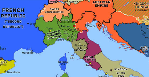 Political map of Western Mediterranean on 24 Jul 1848 (Springtime of Peoples: First Battle of Custoza), showing the following events: Wallachian Revolution; June Days; Election of Archduke John of Austria; Battle of Custoza.