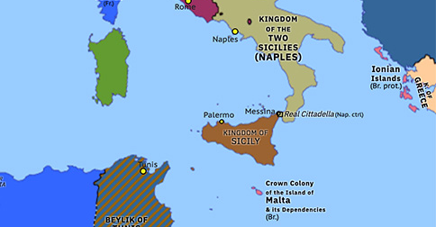 Political map of Western Mediterranean on 03 Sep 1848 (Springtime of Peoples: Siege of Messina), showing the following events: Battle of Montagnola; Armistice of Vigevano; Siege of Messina; Suppression of Wallachian Revolution.