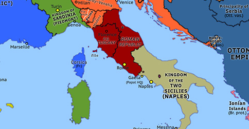 Political map of Western Mediterranean on 09 Feb 1849 (Springtime of Peoples: Last Roman Republic), showing the following events: Abdication of Ferdinand I; Louis-Napoléon’s election; Fall of Buda and Pest; Roman Republic.
