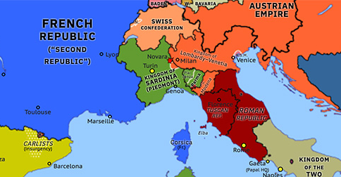 Political map of Western Mediterranean on 22 Mar 1849 (Springtime of Peoples: Battle of Novara), showing the following events: Tuscan Republic; End of Armistice of Vigevano; Filangieri’s offensive; Battle of Novara.