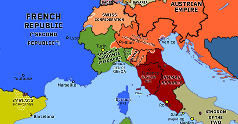 Political map of Western Mediterranean on 01 Apr 1849 (Springtime of Peoples: Revolt of Genoa), showing the following events: Ten Days of Brescia; Frankfurt Constitution; Kaiser der Deutschen; Revolt of Genoa.