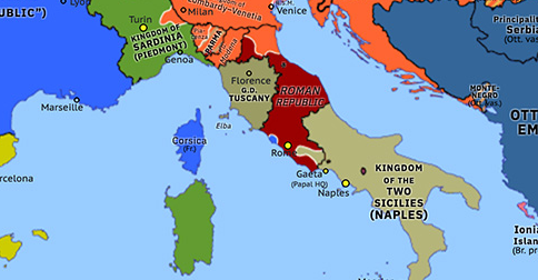 Political map of Western Mediterranean on 25 Apr 1849 (Springtime of Peoples: Landing at Civitavecchia), showing the following events: End of Tuscan Republic; Hungarian Declaration of Independence; French landing at Civitavecchia.