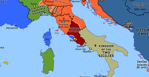 Political map of Western Mediterranean on 01 Jun 1849 (Springtime of Peoples: Napoleon III’s Siege of Rome), showing the following events: Austrian intervention in Tuscany; Baden Revolution; Collapse of Frankfurt Parliament; Fall of Palermo; End of Second Carlist War; Siege of Rome.