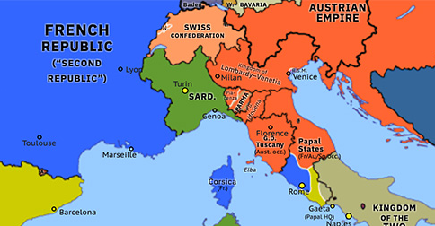 Political map of Western Mediterranean on 06 Aug 1849 (Springtime of Peoples: Treaty of Milan), showing the following events: Fall of Buda; Fall of Rastatt; Garibaldi’s refuge in San Marino; Treaty of Milan.