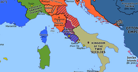 Political map of Western Mediterranean on 12 Apr 1850 (Italian Revolution: Return of Pius IX), showing the following events: Surrender at Világos; End of Republic of San Marco; Return of Pius IX.