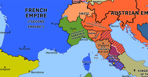 Political map of Western Mediterranean on 29 Jan 1859 (Italian Unification: Franco-Sardinian Alliance), showing the following events: Treaty of Paris; Battle of Icheriden; Orsini Affair; Battle of Grahovac; Plombières Agreement; Franco-Sardinian Alliance.