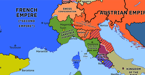 Political map of Western Mediterranean on 04 Jun 1859 (Italian Unification: Battle of Magenta), showing the following events: United Principalities; Second Italian War of Independence; Tuscan Revolution; France declares war on Austria; Battle of Magenta.