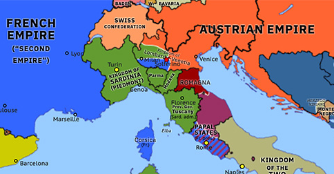 Political map of Western Mediterranean on 24 Jun 1859 (Italian Unification: Battle of Solferino), showing the following events: Central Italian Revolutions; Romagnan Revolution; Battle of Solferino.