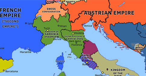Political map of Western Mediterranean on 08 Dec 1859 (Italian Unification: Unification of Central Italy), showing the following events: United Provinces of Central Italy.