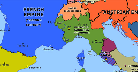 Political map of Western Mediterranean on 24 Mar 1860 (Italian Unification: Treaty of Turin), showing the following events: Battle of Tétouan; Annexation of the United Provinces of Central Italy; Treaty of Turin.