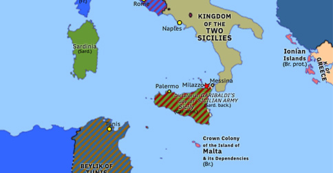 Political map of Western Mediterranean on 20 Jul 1860 (Italian Unification: Battle of Milazzo), showing the following events: Garibaldi’s Southern Army; Battle of Milazzo.
