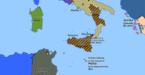 Political map of Western Mediterranean on 19 Aug 1860 (Unification of Italy: Garibaldi’s landing in Calabria), showing the following events: Lucanian Insurrection; Garibaldi’s landing in Calabria.