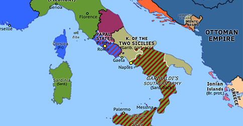 Political map of Western Mediterranean on 07 Sep 1860 (Unification of Italy: Garibaldi’s entry into Naples), showing the following events: Flight of Francis II of Naples; Garibaldi’s entry into Naples.
