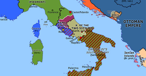 Political map of Western Mediterranean on 01 Oct 1860 (Unification of Italy: Battle of the Volturno), showing the following events: Invasion of the Papal States; Battle of Castelfidardo; Battle of the Volturno.