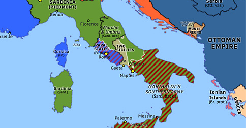 Political map of Western Mediterranean on 26 Oct 1860 (Unification of Italy: Meeting at Teano), showing the following events: Invasion of the Two Sicilies; Plebiscites in the Two Sicilies; Meeting at Teano.